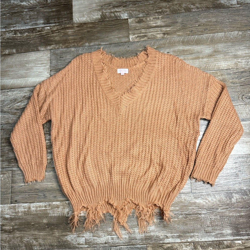 Pink Lily V-Neck Frayed Hem Sweater in Brown